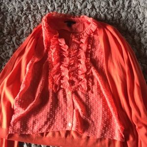 J Crew ruffle shirt with attached light sweater.